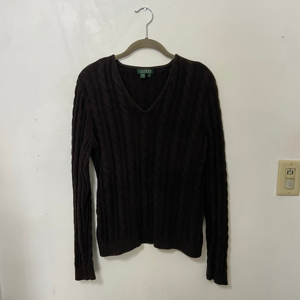 Lauren Ralph Lauren Women's Black Cable Knit V Neck Long‎ Sleeve Sweater XL